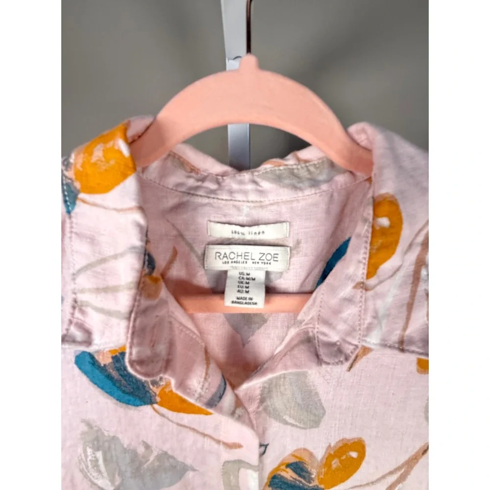 Rachel Zoe Linen Floral Shirt Dress Pink Button Front Coastal Chic Art Teacher M - Picture 5 of 10